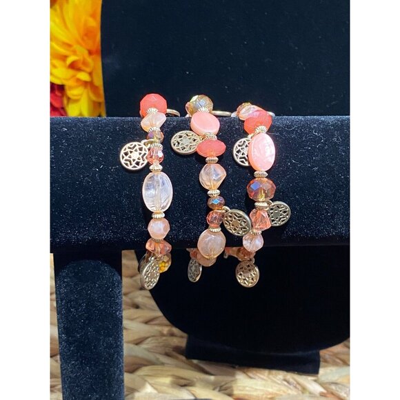 VINTAGE PEACH BRACELETS SET OF 3 Stretch Beaded Antique Pinkish Coral - Picture 3 of 4